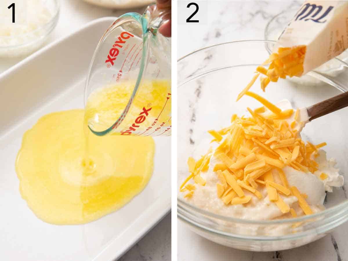 Set of two photos showing melted butter poured into a baking dish and cheese added to a bowl.