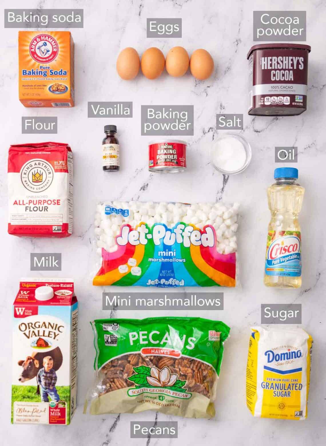 Ingredients needed to make a Mississippi mud cake.