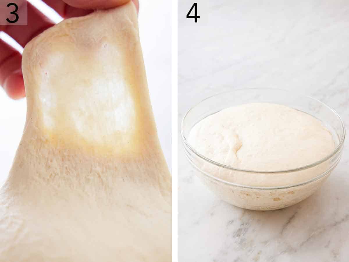 Set of two photos showing the windowpane test on dough and dough in a bowl.