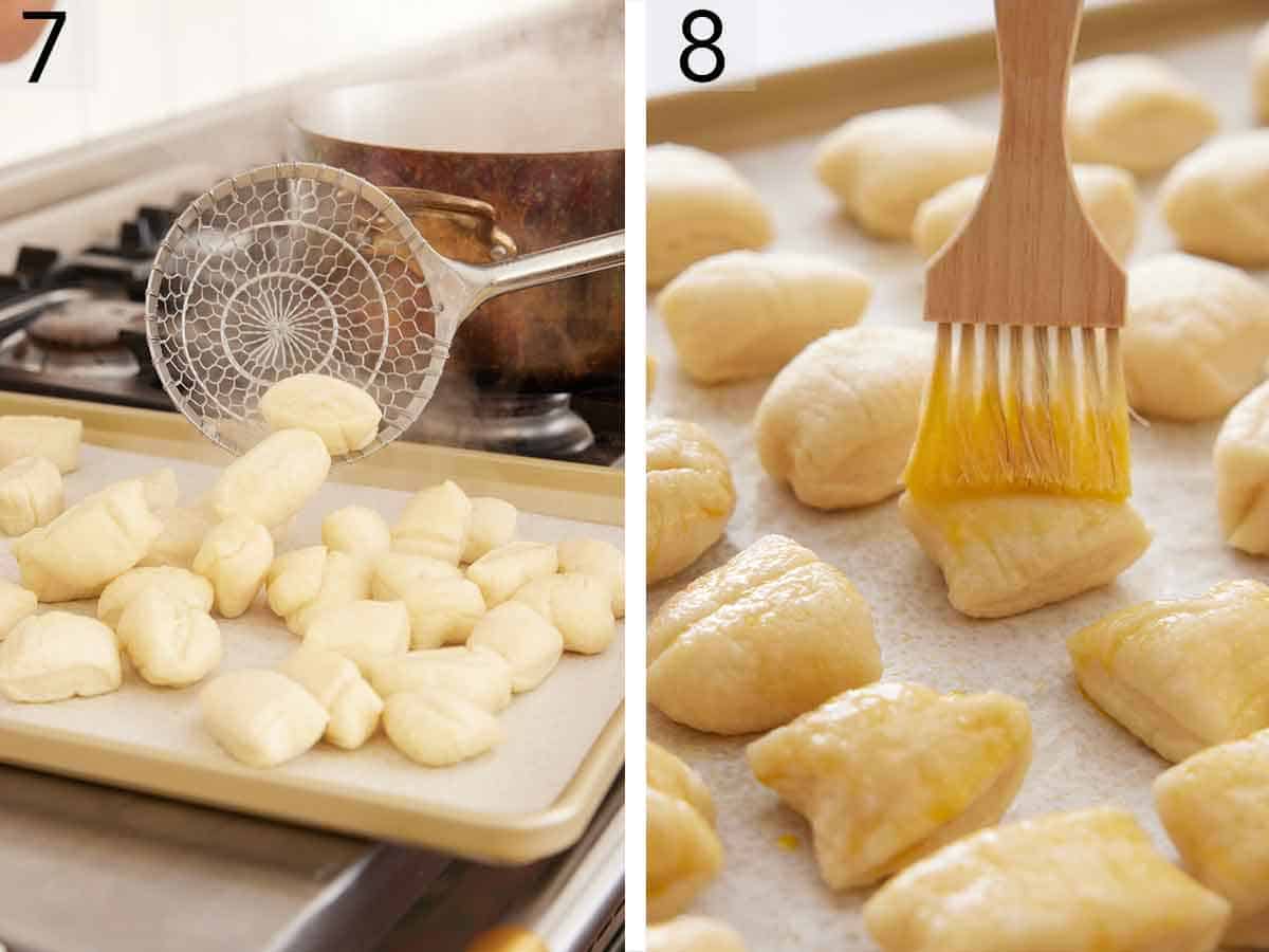 Set of two photos showing dough scooped onto a lined baking sheet and brushed with an egg wash.