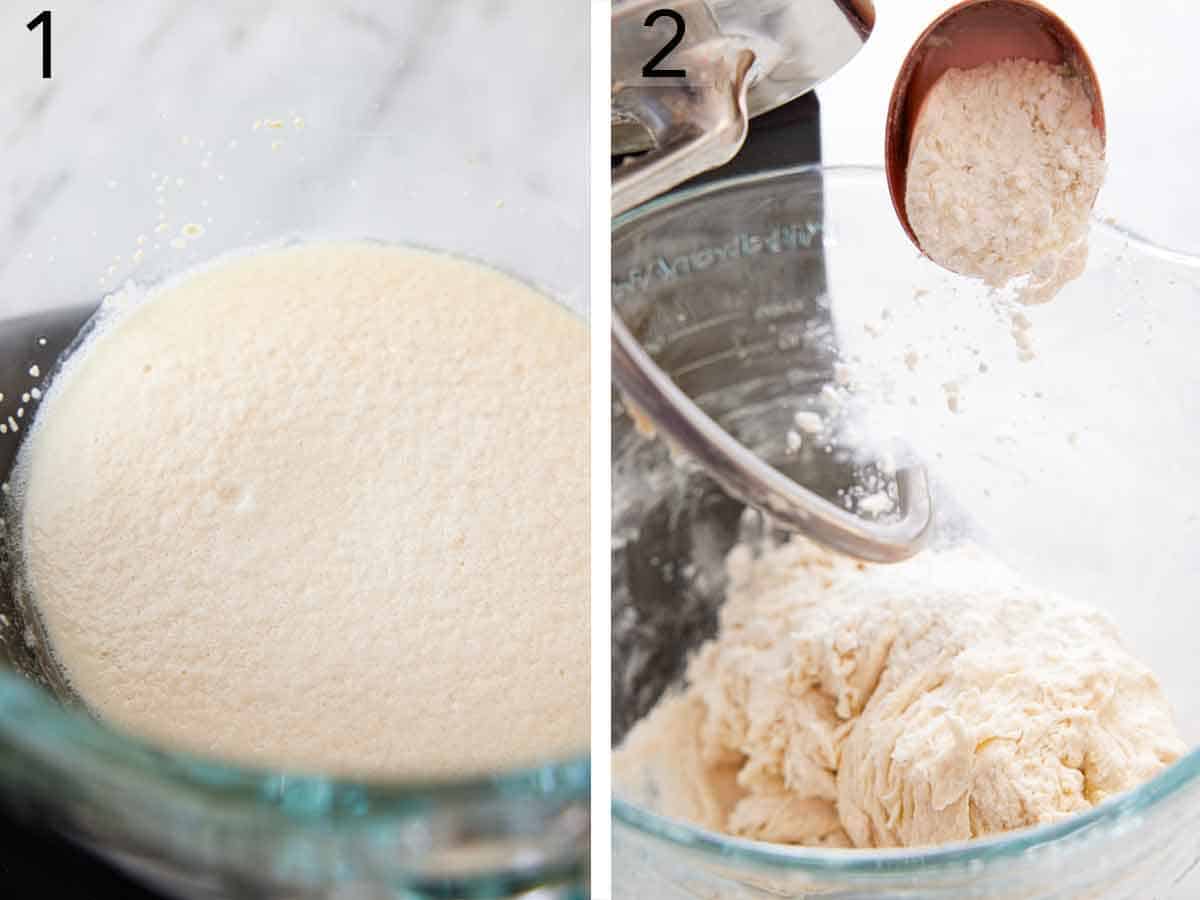 Set of two photos showing yeast blooming and flour added to a mixer.