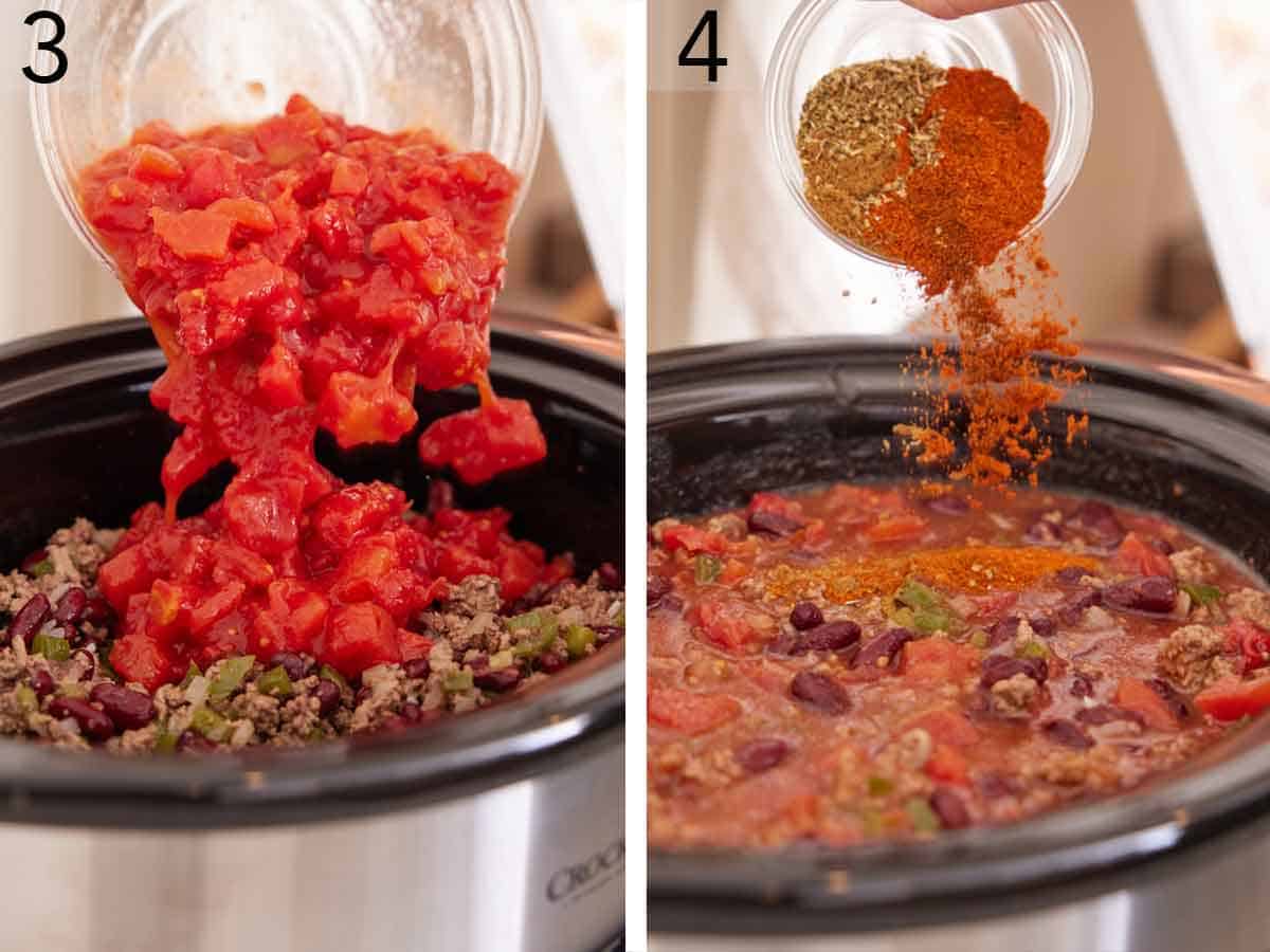 Set of two photos showing diced tomatoes and seasoning added to the crockpot.
