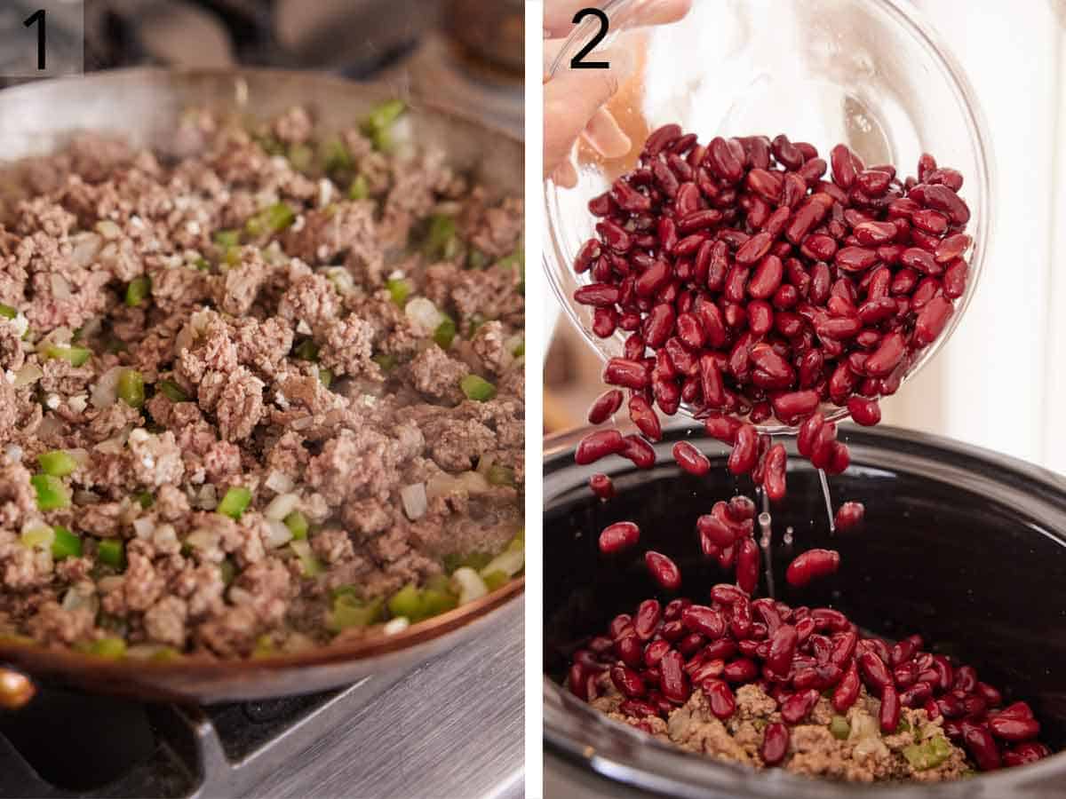 Set of two photos showing beef browned and added to a crockpot with kidney beans.