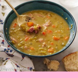 Pinterest graphic of a bowl of split pea soup with a spoonful lifting up.