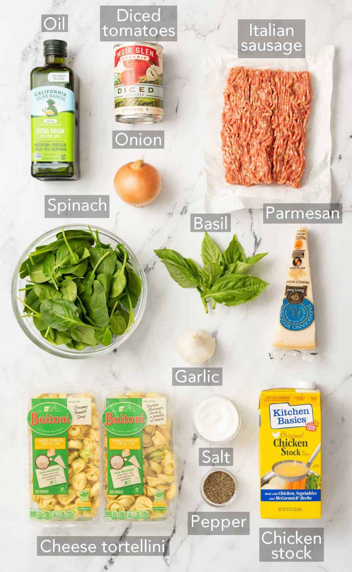 Ingredients needed to make tortellini soup.