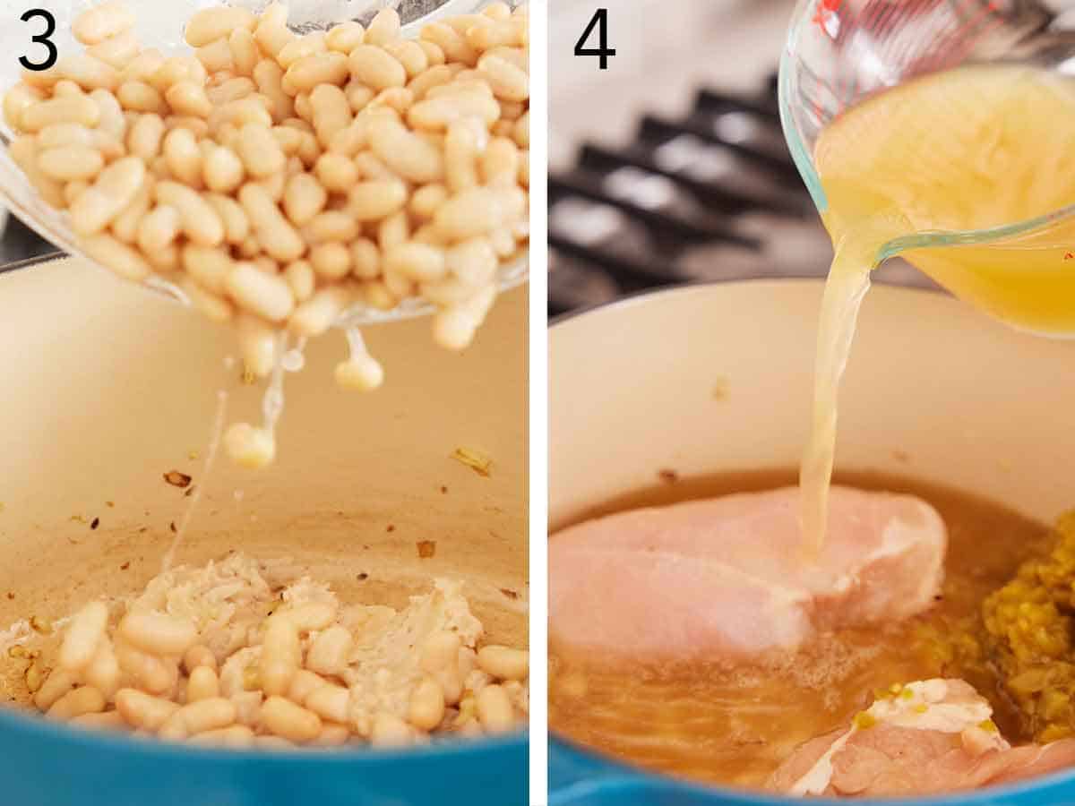 Set of two photos showing beans and broth added to a pot.