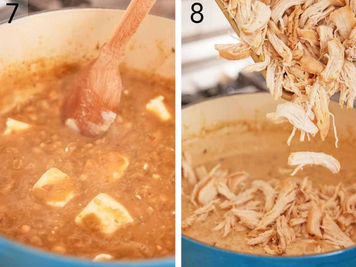 Set of two photos showing cream cheese and shredded meat added to the pot.