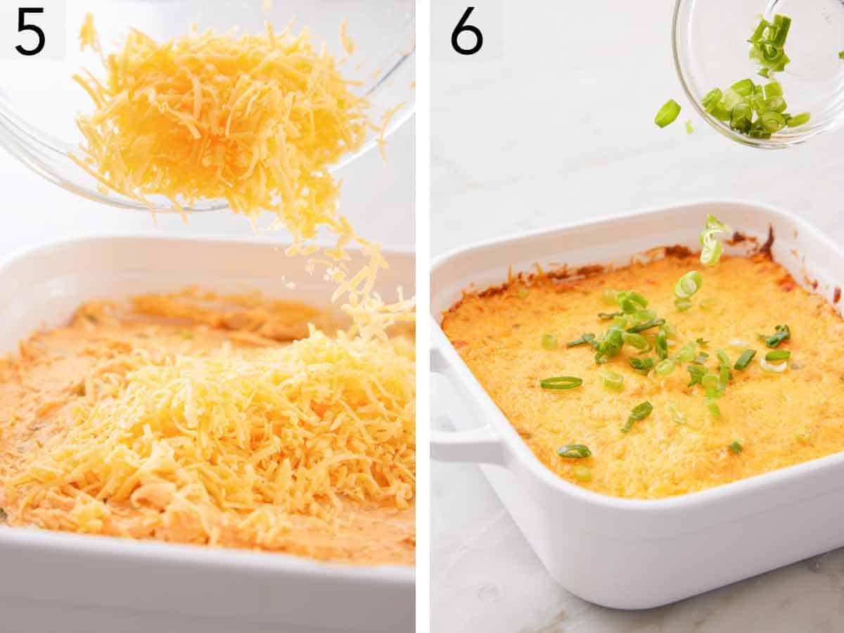 Set of two photos showing shredded cheese poured over the mixture in the baking dish then topped with green onions.