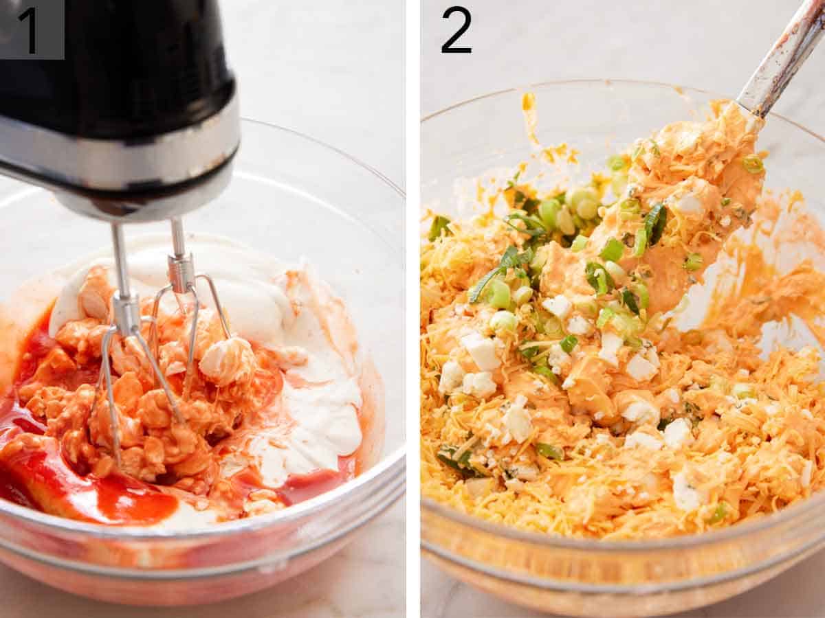 Set of two photos showing hot sauce, ranch, and cream cheese blended and mixed with shredded cheese, and green onions.