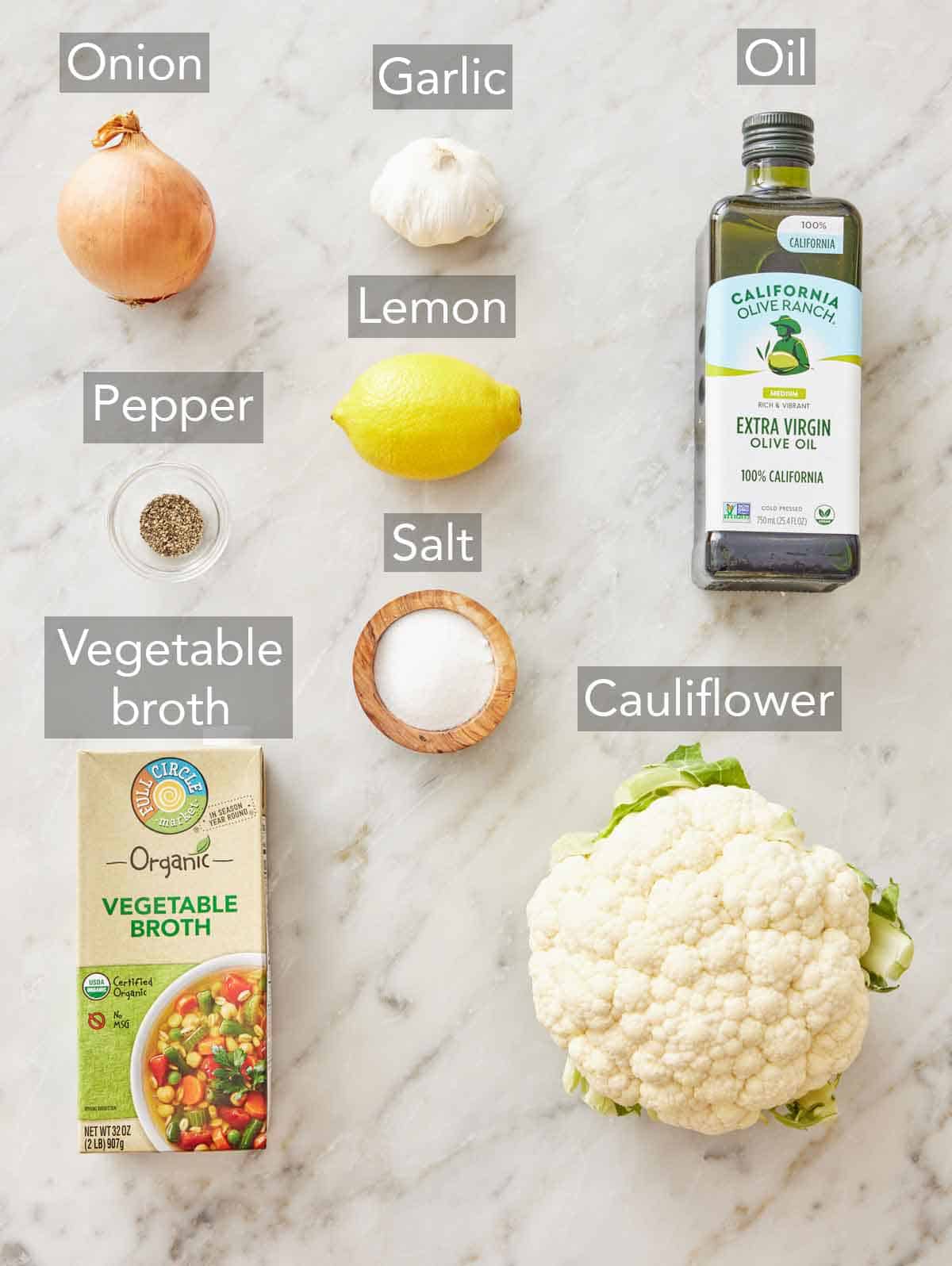 Ingredients needed to make cauliflower soup.