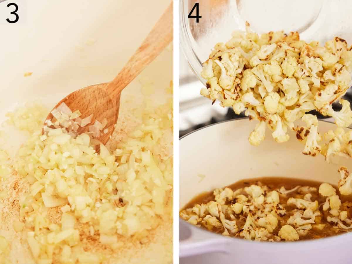 Set of two photos showing onions cooked in a pot and roasted cauliflower added.