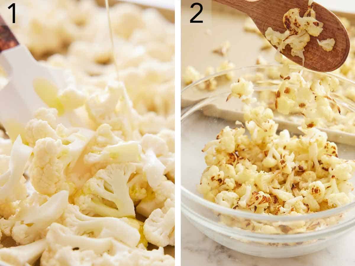 Set of two photos showing oil added to florets before roasted and then transferred to a bowl when browned.