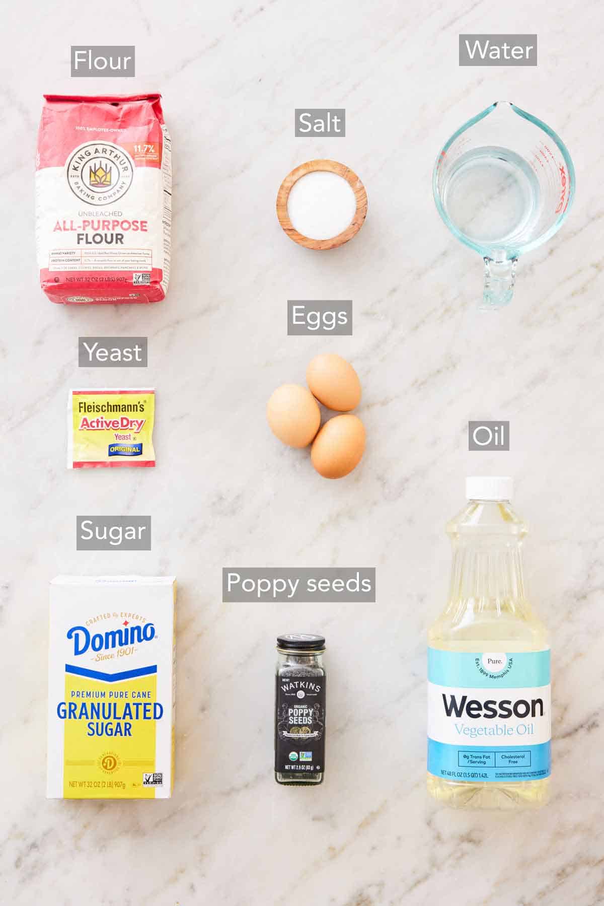 Ingredients needed to make challah.