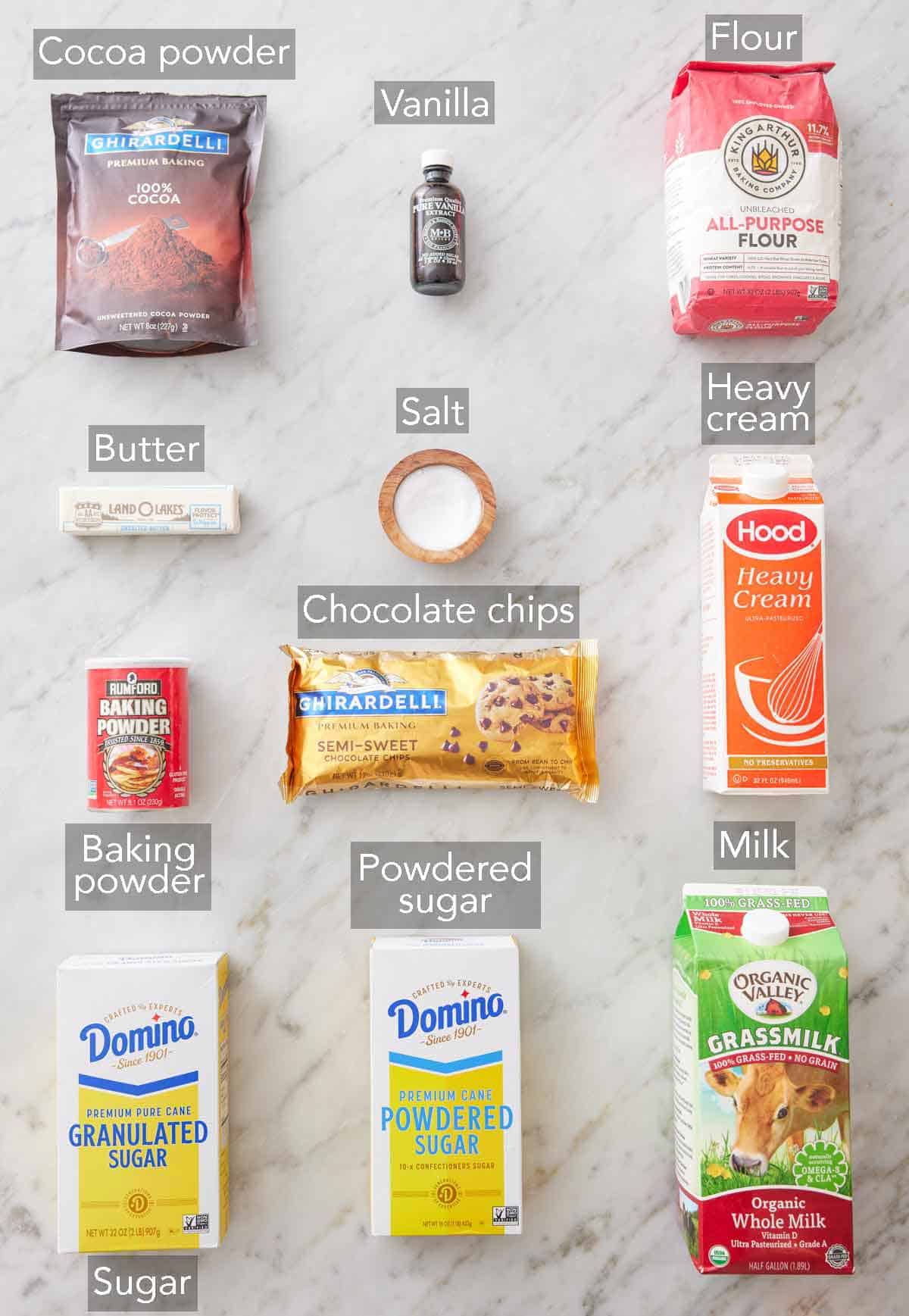 Ingredients needed to make chocolate scones.