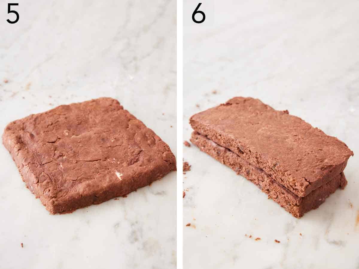 Set of two photos showing batter shaped into a square then cut in half and stacked on top of each other.