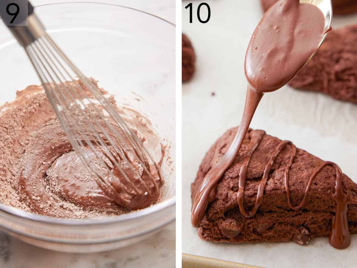 Set of two photos showing chocolate glaze whisked together and drizzled over a scone.