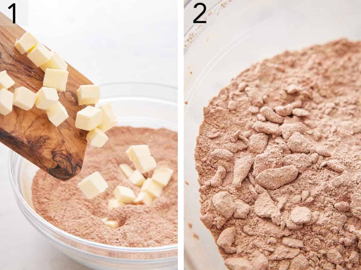 Set of two photos showing butter added to dry ingredients in a bowl and coated.