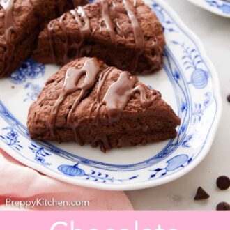 Pinterest graphic of a platter with three chocolate scones.