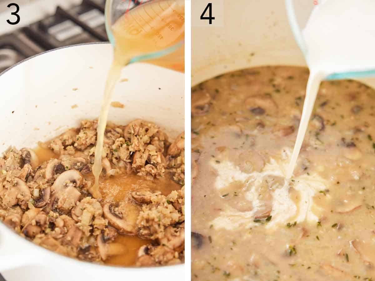 Set of two photos showing broth and dairy added to a white pot.