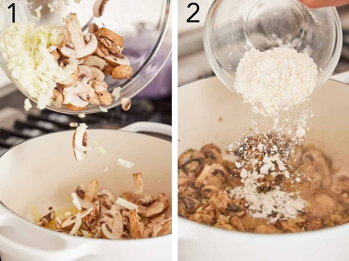 Set of two photos showing onions, sliced mushrooms, and flour added to a white pot.