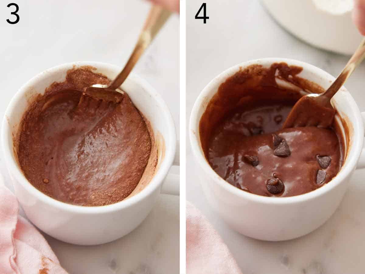 Set of two photos showing batter mixed with a fork and chocolate chips added.