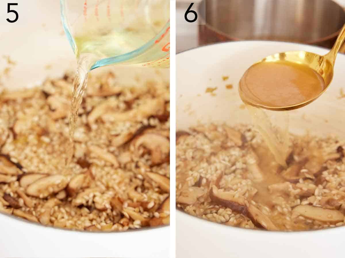 Set of two photos showing wine and broth added to a pot.