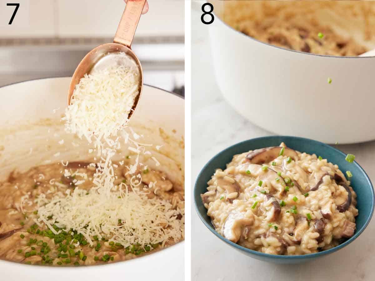 Set of two photos showing parmesan added to risotto in a pot then a plated bowl topped with chopped chives.