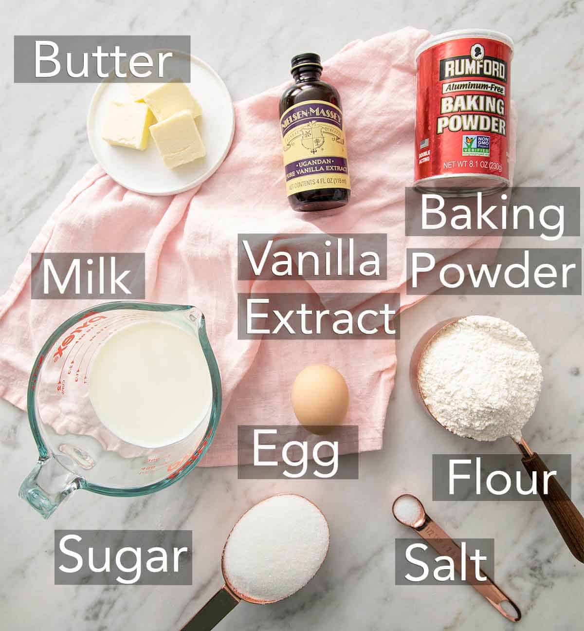 Ingredients needed to make pancakes.