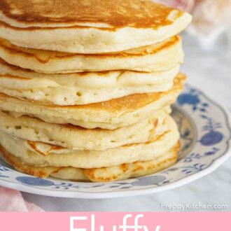 Pinterest graphic of a slightly off center profile shot of a seven pancakes in a stack on a plate with butter on top.