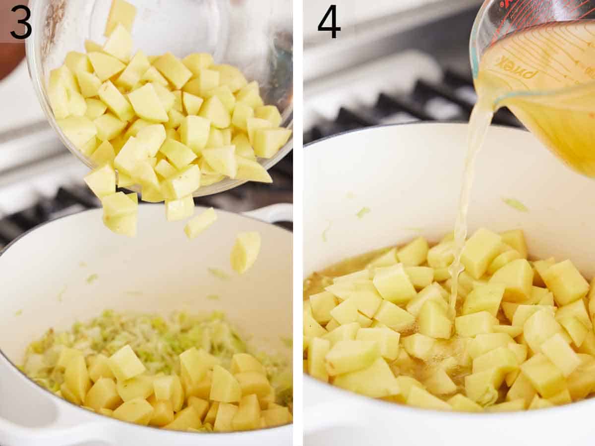 Set of two photos showing potatoes and broth added to the pot.