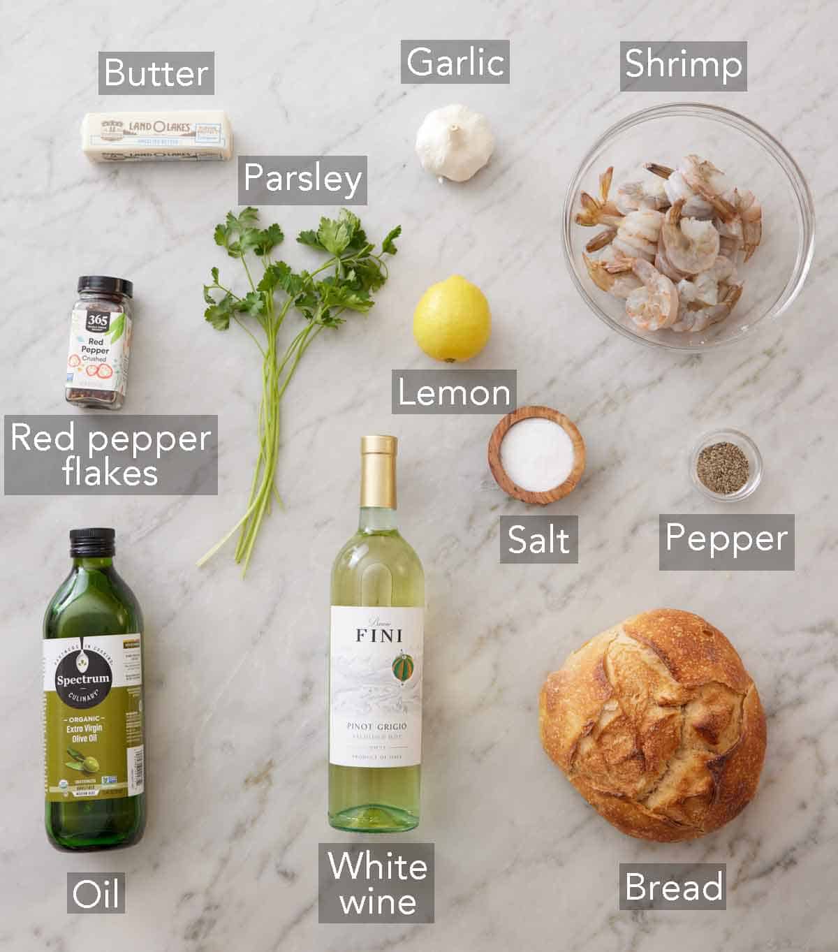 Ingredients needed to make shrimp scampi.