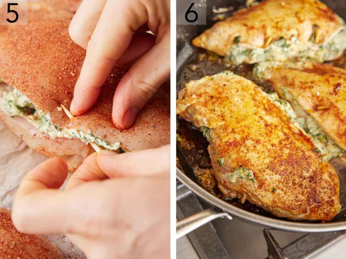 Set of two photos showing a toothpick holding the meat together and then cooking them in a pan.