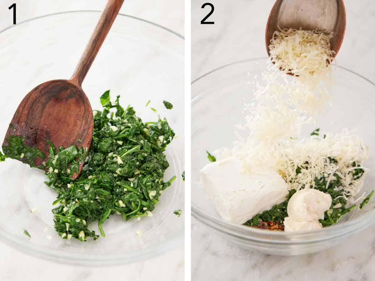 Set of two photos showing spinach and garlic added to a bowl then cheeses added on top.