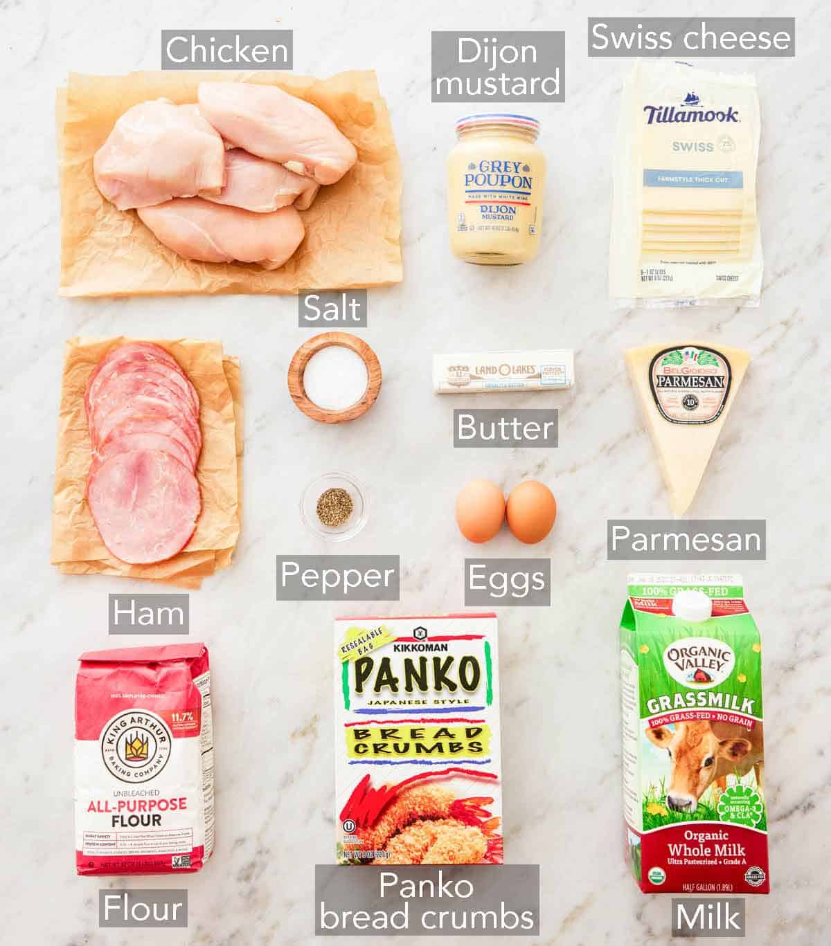 Ingredients needed to make chicken cordon bleu.