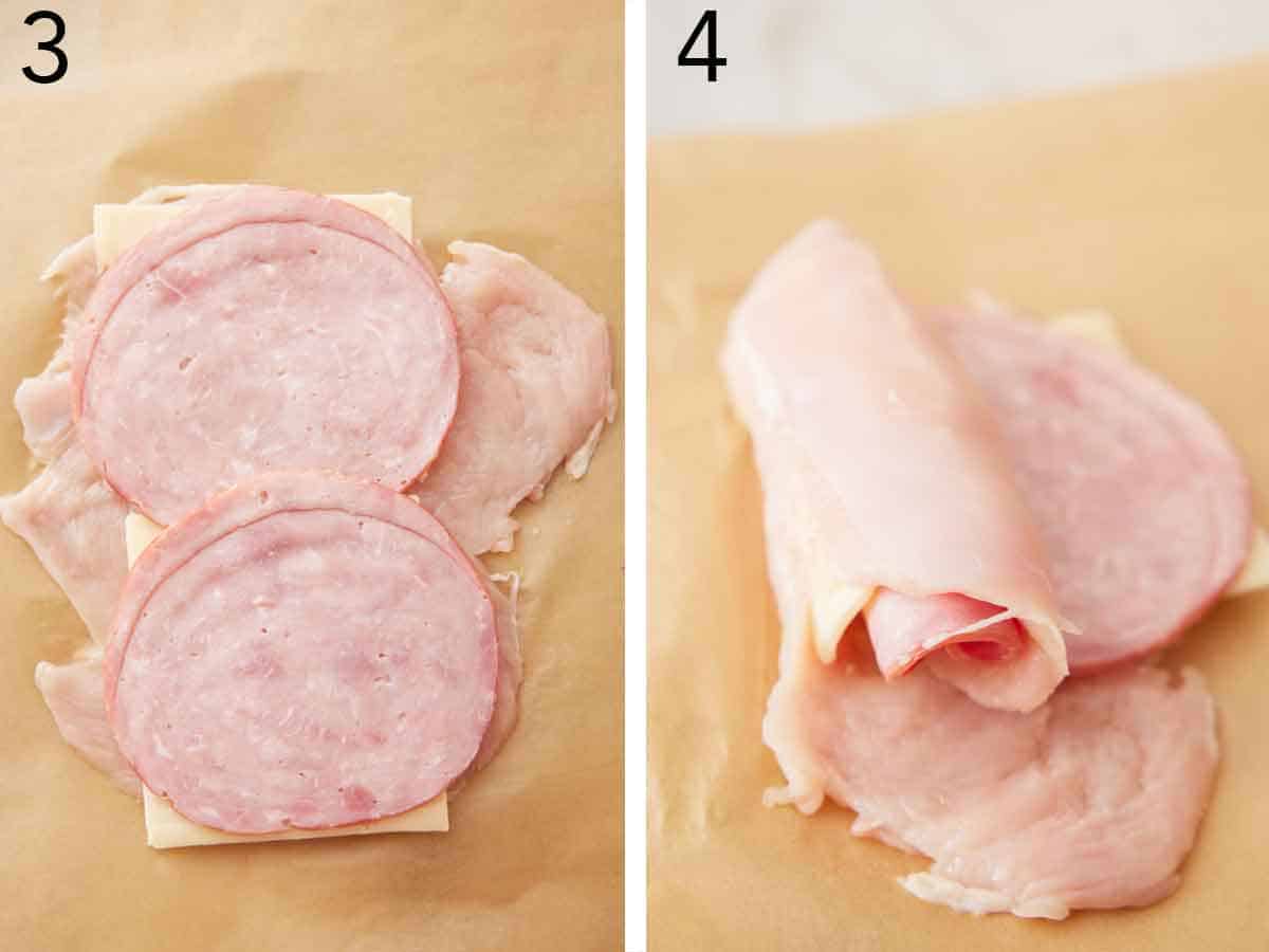 Set of two photos showing sliced ham and cheese placed into the chicken then rolled up.