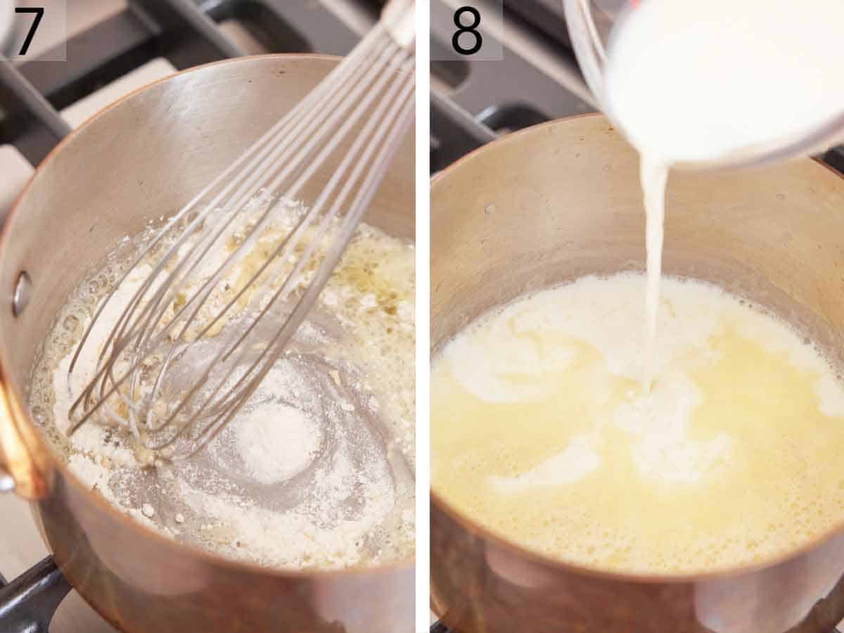 Set of two photos showing flour whisked into melted butter and milk added to the pot.