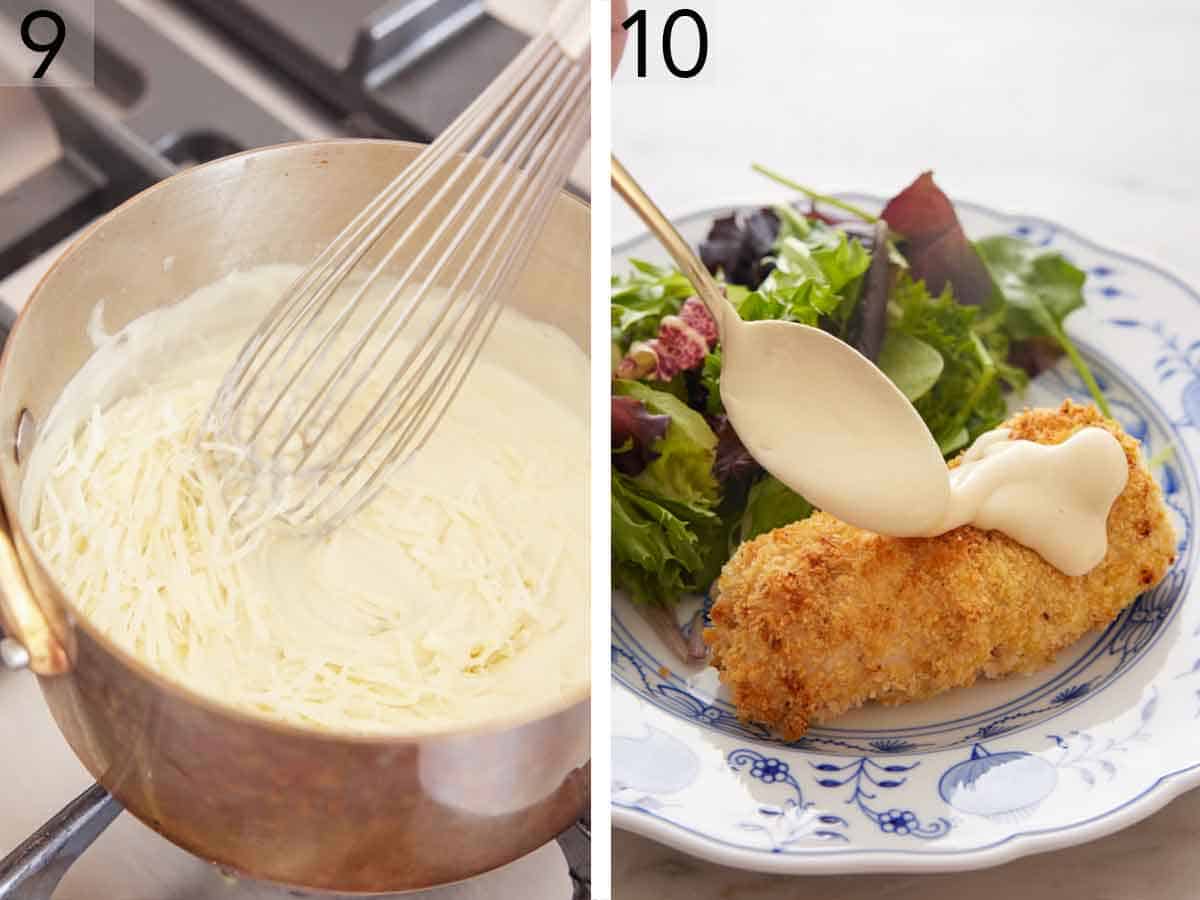 Set of two photos showing cheese whisked into the pot and sauce spooned over the chicken cordon bleu.