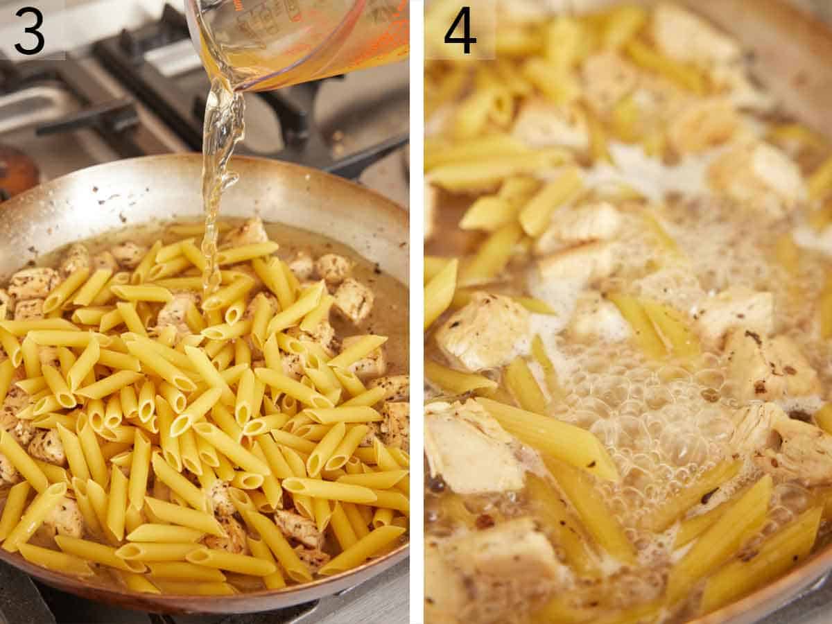 Set of two photos showing broth added to a skillet of pasta and simmered.