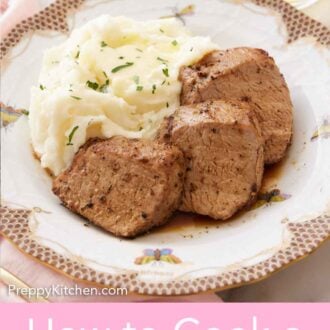Pinterest graphic of a plate with three pieces of pork tenderloin with mashed potatoes on the side.