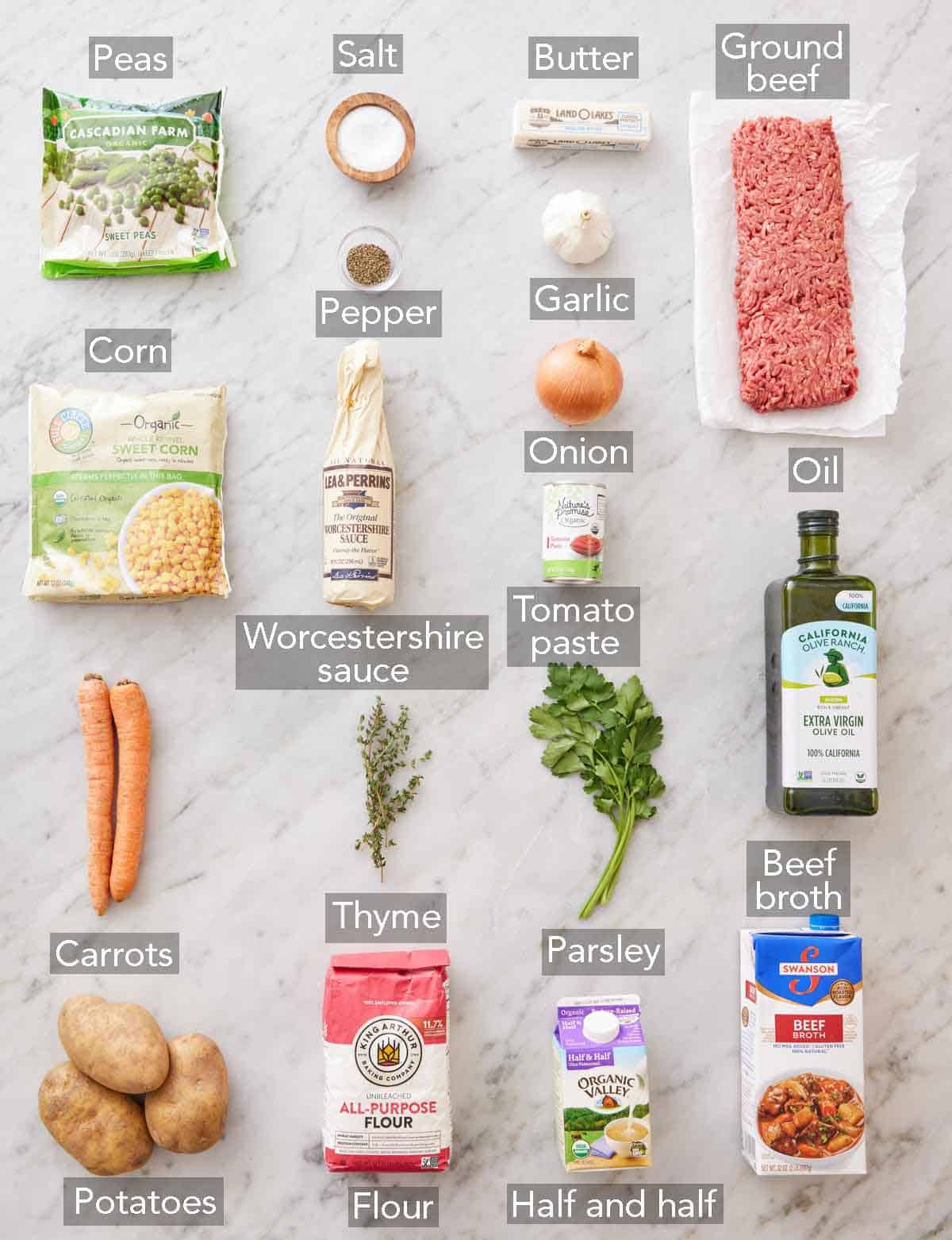 Ingredients needed to make shepherd's pie.