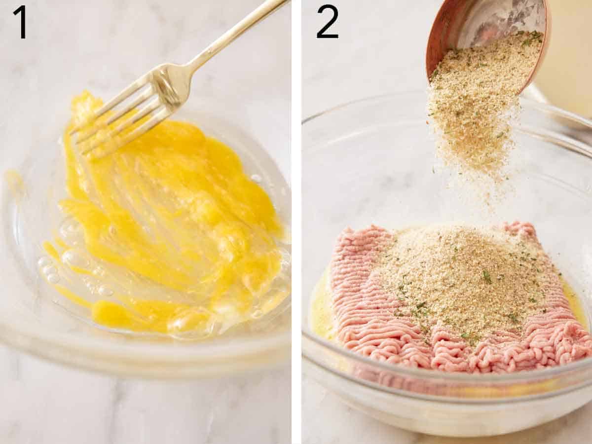 Set of two photos showing an egg beaten and breadcrumbs poured into a bowl with ground meat.