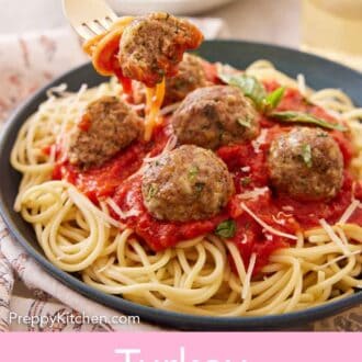 Pinterest graphic of a fork lifting up some noodles with sauce with a bitten turkey meatball.