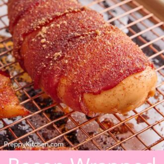Pinterest graphic of a sheet pan with a wire rack with a bacon wrapped chicken on top.