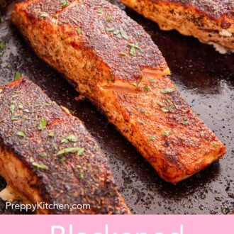 Pinterest graphic of a close view of blackened salmon in a cast iron skillet.