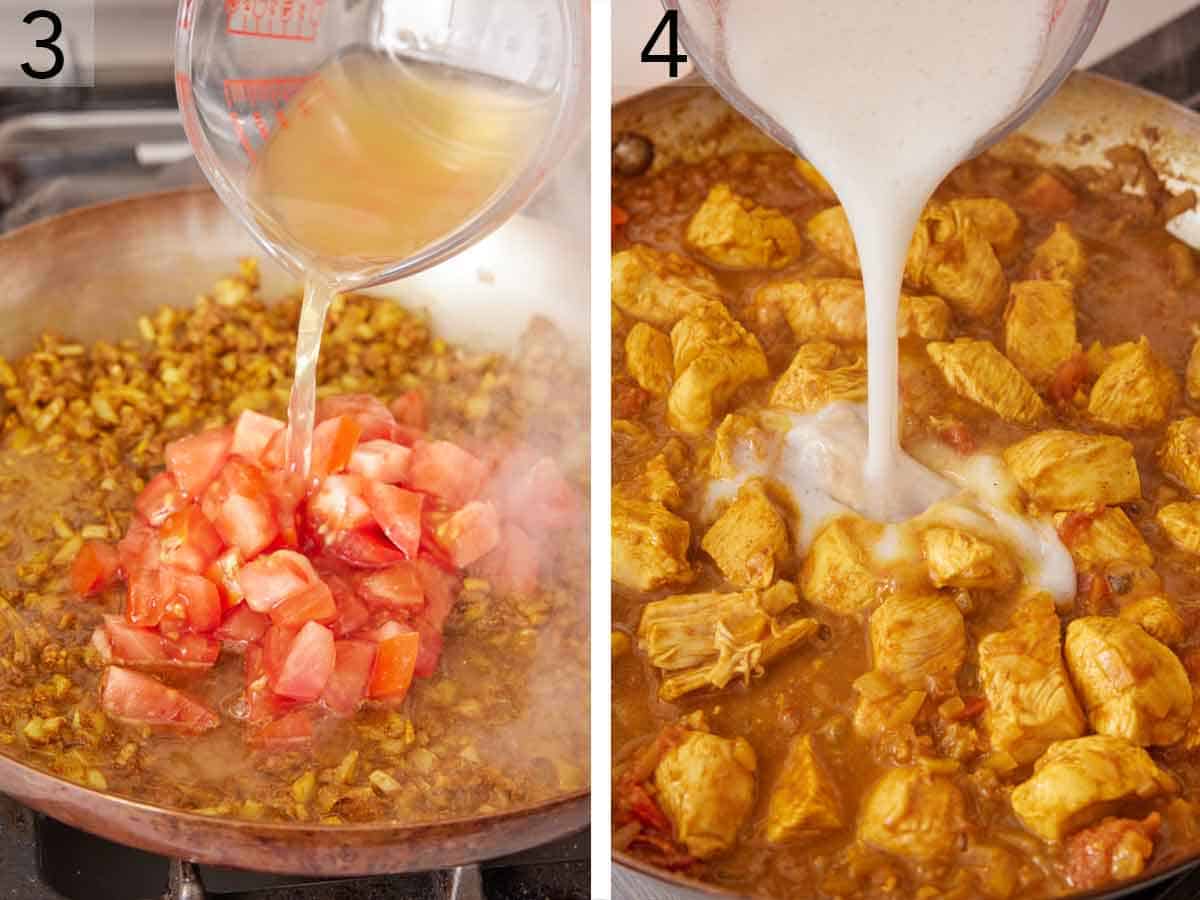 Set of two photos showing broth and coconut milk added to a skillet.