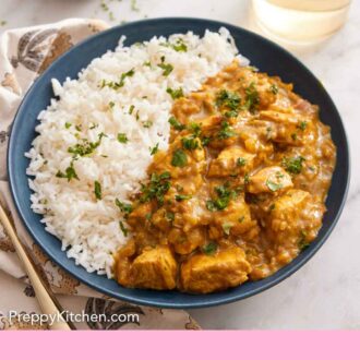 Pinterest graphic of a bowl half filled with rice and half filled with chicken curry with cilantro on top.