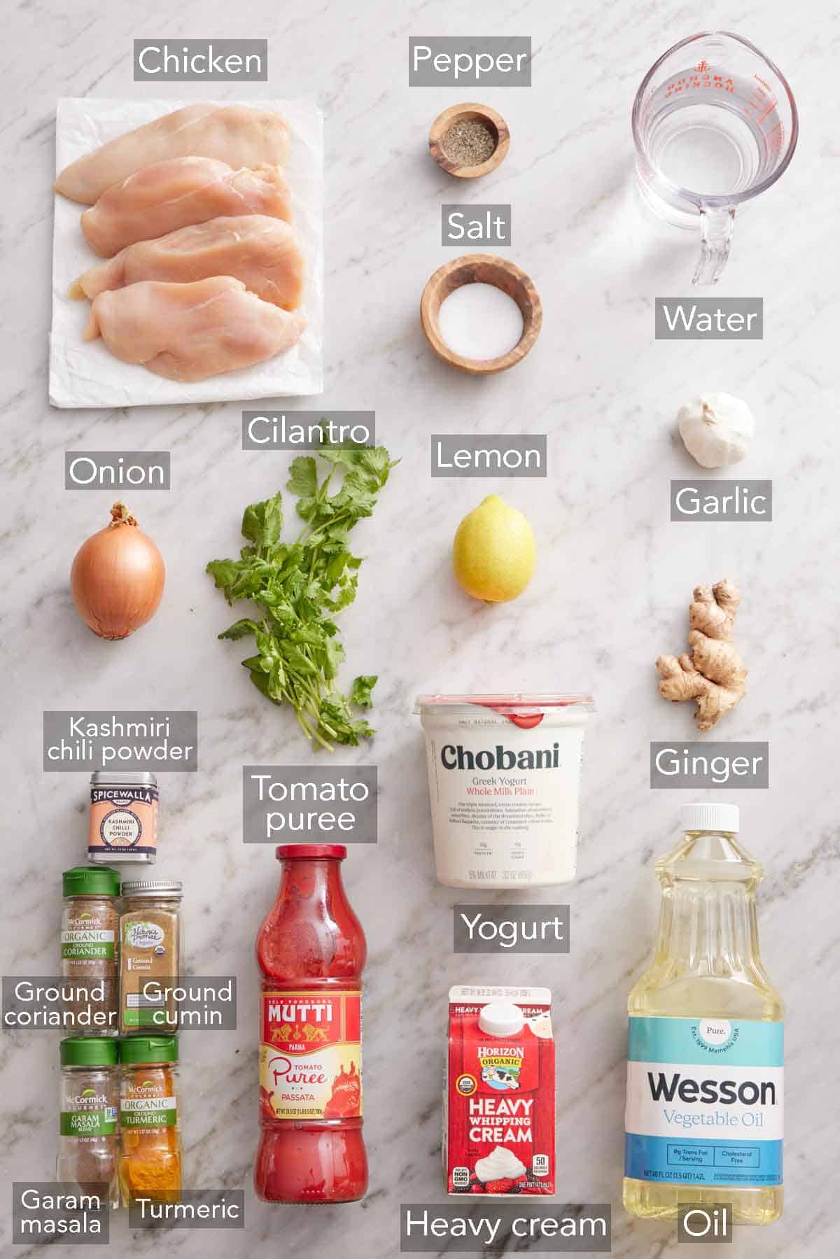 Ingredients needed to make chicken tikka masala.