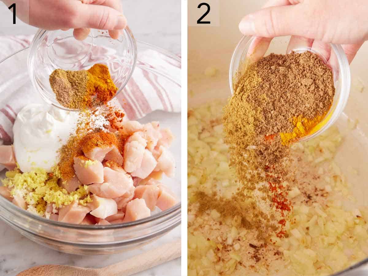 Set of two photo showing spices, yogurt, and meat combined in a bowl and more spices added to a pot of onions.