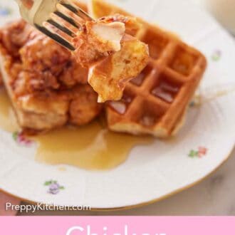 Pinterest graphic of a fork with a bite of chicken and waffles on it in front of a plate.