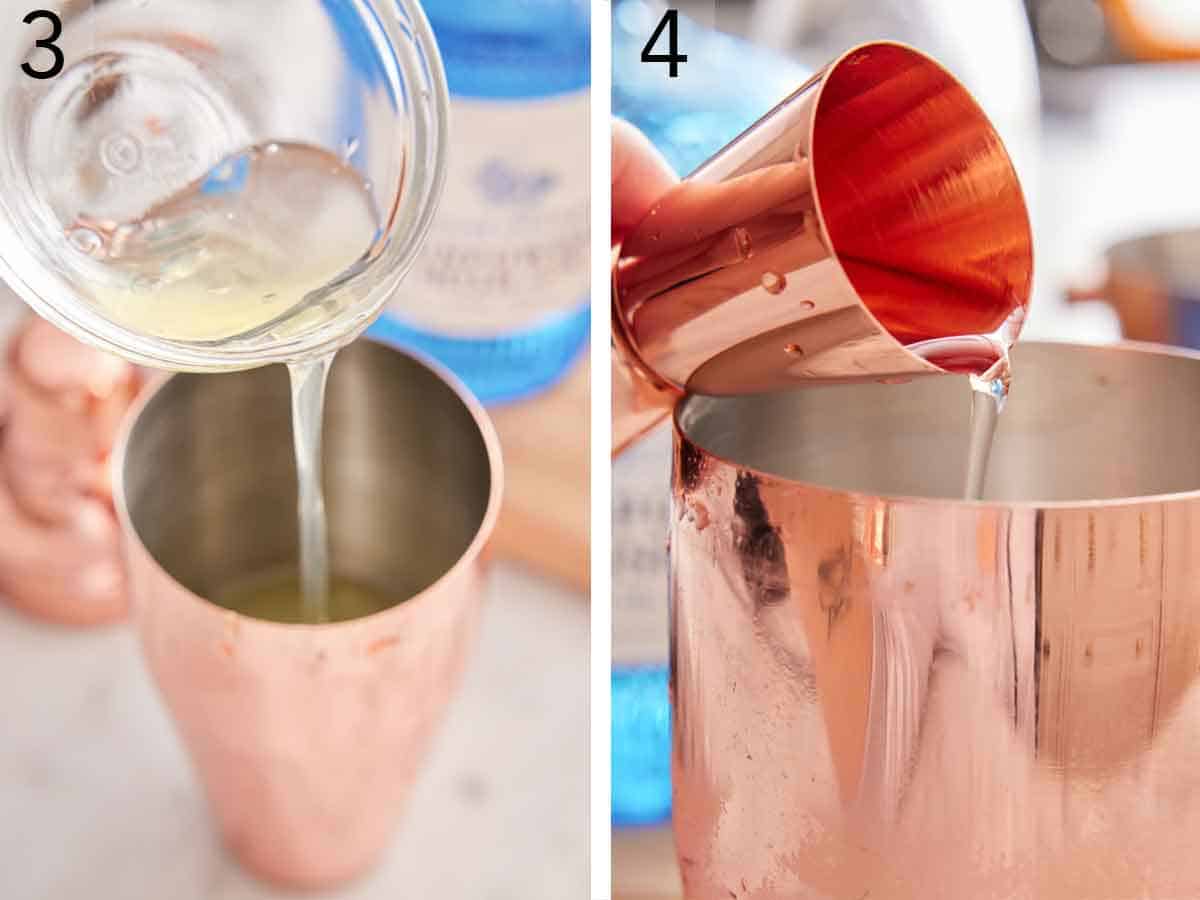 Set of two photos showing egg whites and simple syrup added to a shaker.